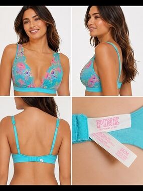 PINK Victoria's Secret Turquoise Floral Lace Bralette Sz Med